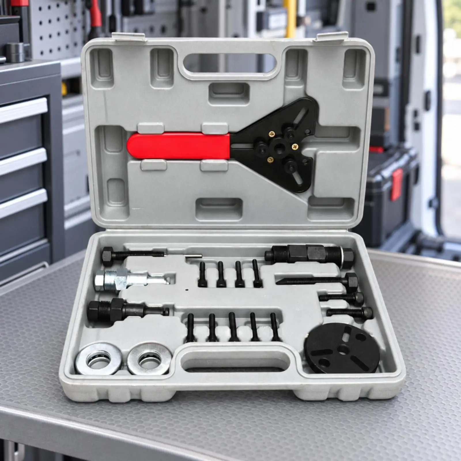 Automotive A/C Compressor Clutch Puller Kit with Adapters and Round Plate for Garage Use and Repair