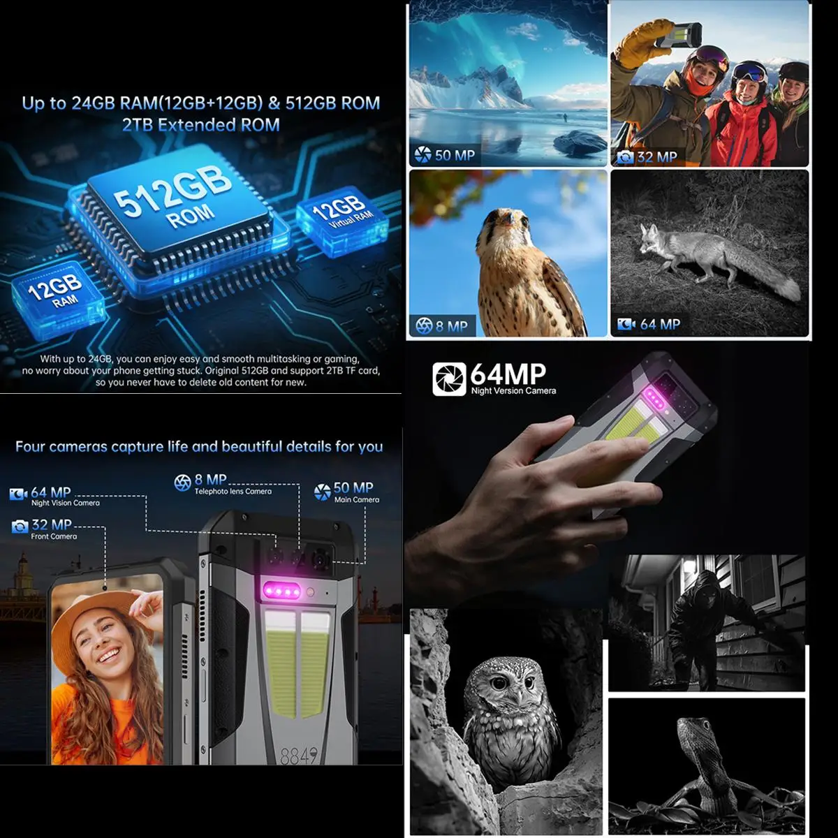 Unihertz 8849 Tank 4 Rugged Smartphone Projector 5G Night Vision 6.78'' AMOLED 120Hz 12GB 512GB 11600mAh 66W 50MP Camera NFC