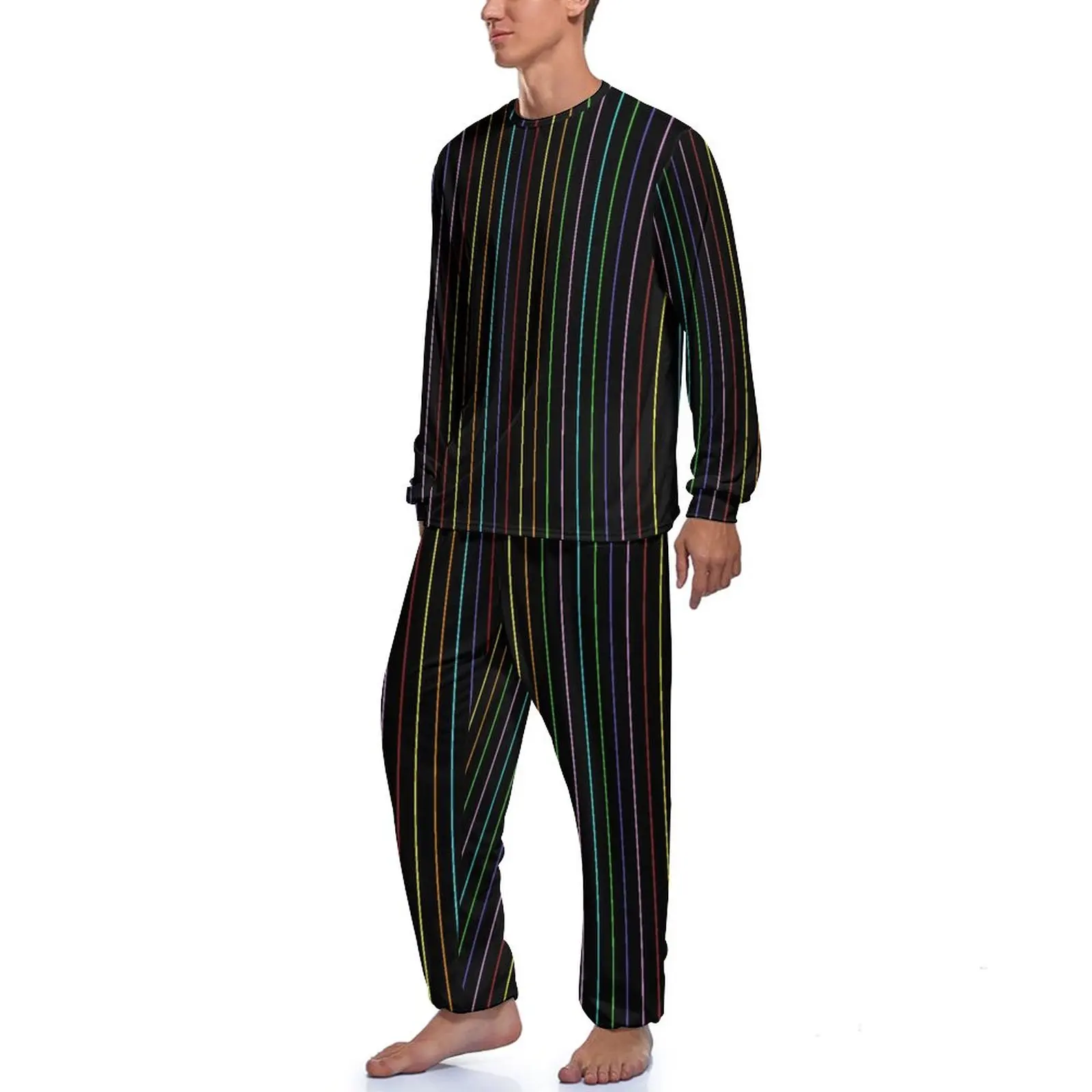 Rainbow Striped Pajamas Colorful Lines Men Long Sleeve Lovely Pajama Sets 2 Piece Sleep Spring Graphic Sleepwear Gift