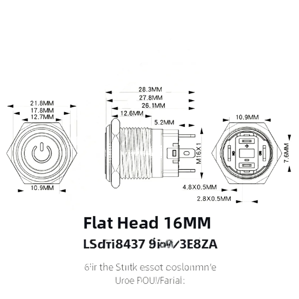 Self Locking 16mm Waterproof Metal Switch 15A Flame Retardant Flat Head No Light Industrial Grade Button Switch