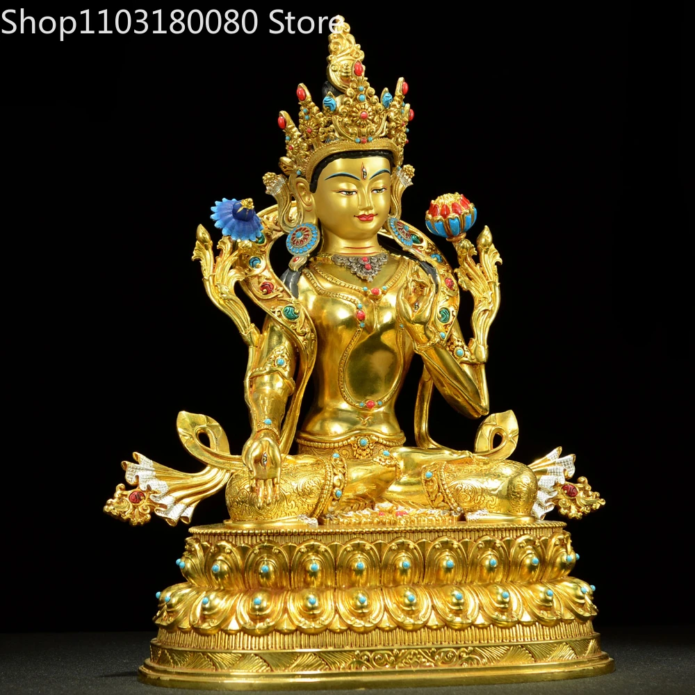 Copper Gilding White Tara Buddha Statue Nepal Tibet Inlay Green Tara Sculpture, 30cm, 21cm, 45cm