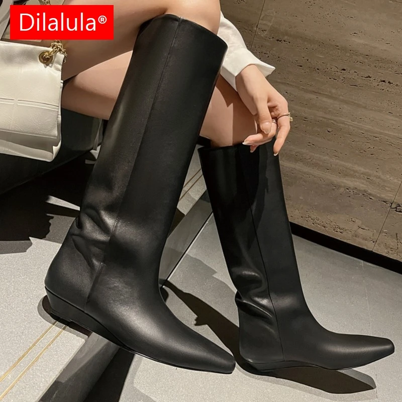 Dilalula 2025 Genuine Leather Knee High Boots Women low Wedges High Heels Pointed Toe slip on Autumn winter long boots ladies