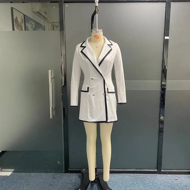 Abiti per le donne 2023 autunno doppio petto Blazer bavero scollo a V manica lunga giacca vestito bianco ufficio femminile Mini abito