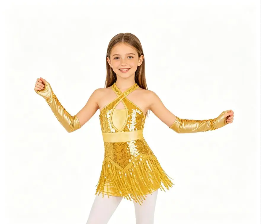 

Kids Girls Glitter Sequins Dance Leotard Outfit Cross Front Cutout Back Tassel Gloves for Latin Cha-Cha Jazz Rhythmic Stage Show