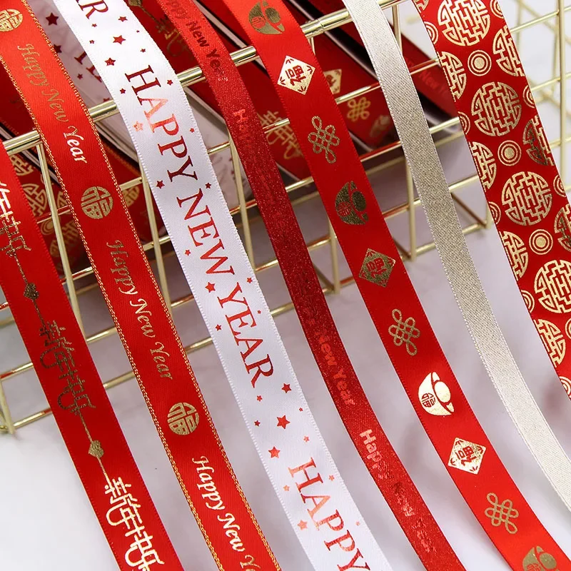 Fita de poliéster para árvore de Natal, feliz ano novo, decoração de embrulho, fita de festa para artesanato DIY
