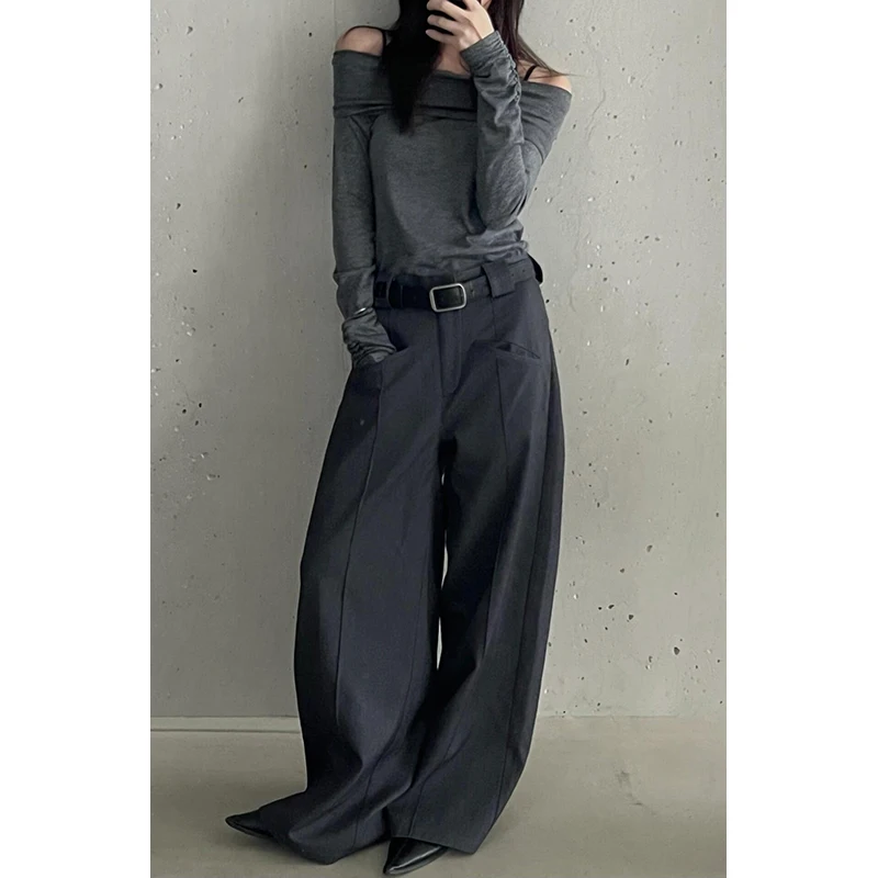 PBAP خمر جيوب المرقعة دعوى بنطلون المرأة عادي فضفاض مطوي واسعة الساق عالية الخصر ثنيات السراويل مكتب ملابس كاجوال #1