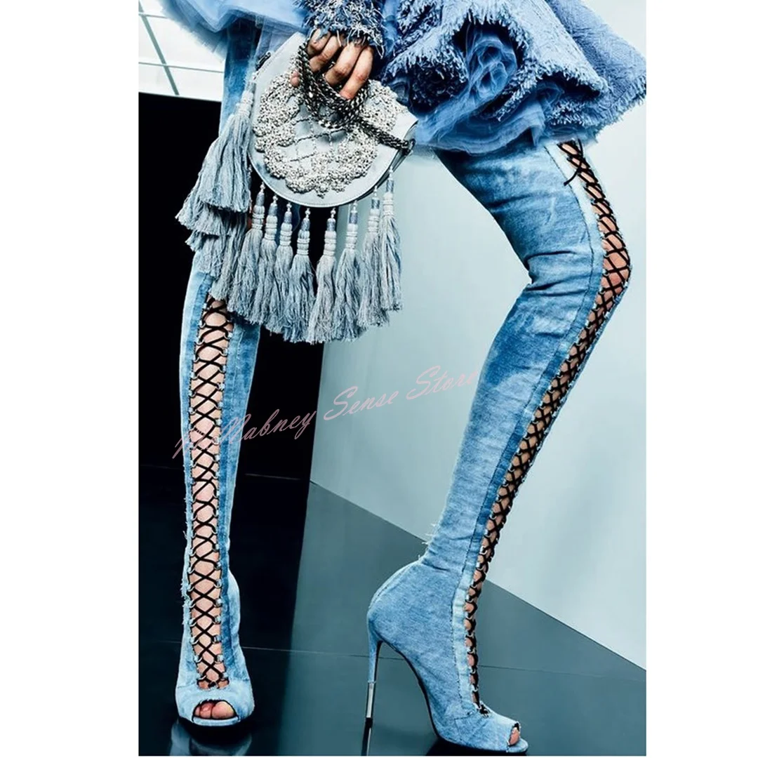 Cross Tied Peep Toe Boots Lace Up Denim Thin High Heels Thigh High Boots Printed Sexy Designer Women Shoes Winter Autumn Party