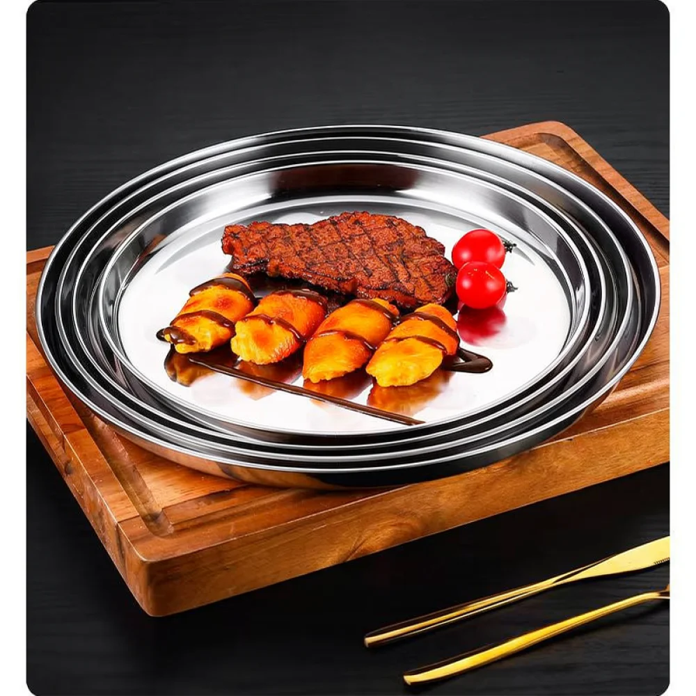 Modern Stainless Steel Round Serving Tray Shallow Flat Dish Plate For BBQ Fruit Kitchen Dining Tableware