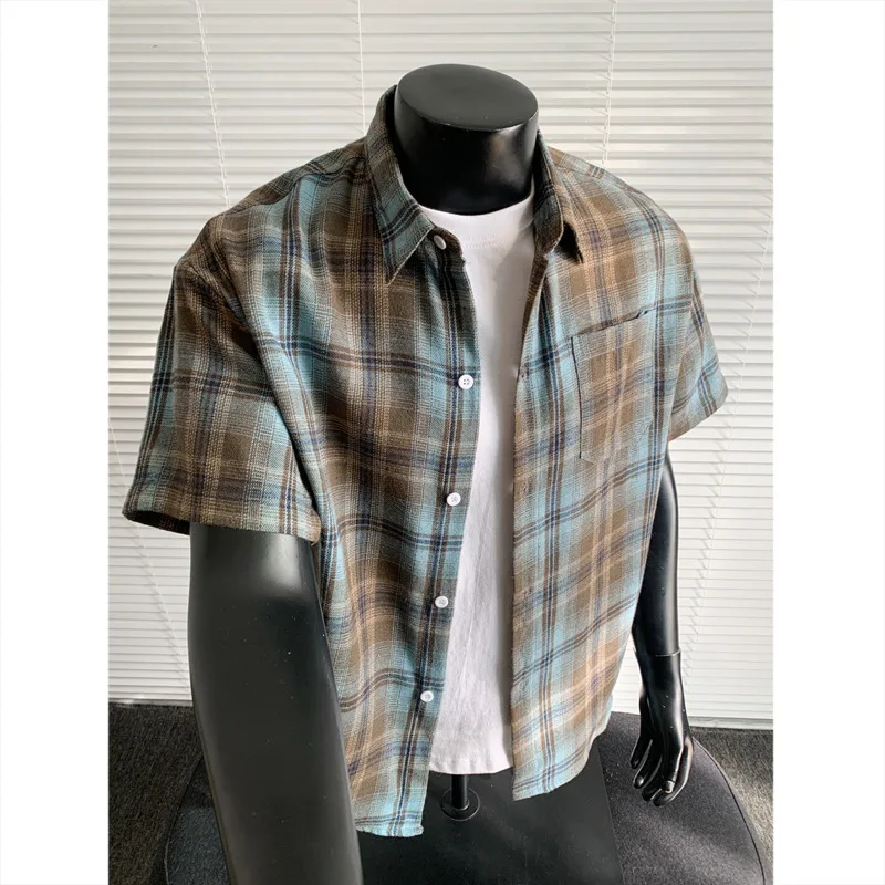 

Summer Short Sleeved Shirt Men Retro Plaid Shirt Men Japanese Streetwear Loose Vintage Casual Shirt Mens Fashion Shirts M-3XL