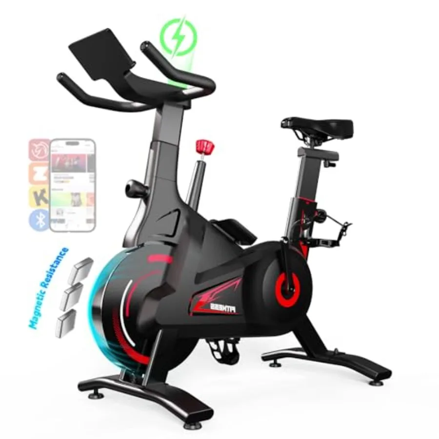 

Indoor Cycling Bike for Home with Self-Powered Smart App LED Lights Magnetic Resistance Dual-Stage Drive Stable 300 lbs Frame B