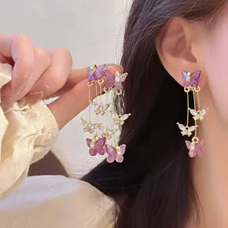 Female Luxury Temperament Purple Crystal Butterfly Clip on Earrings for Women Simple Long Zircon Tassel Drop Ear Clips Earrings