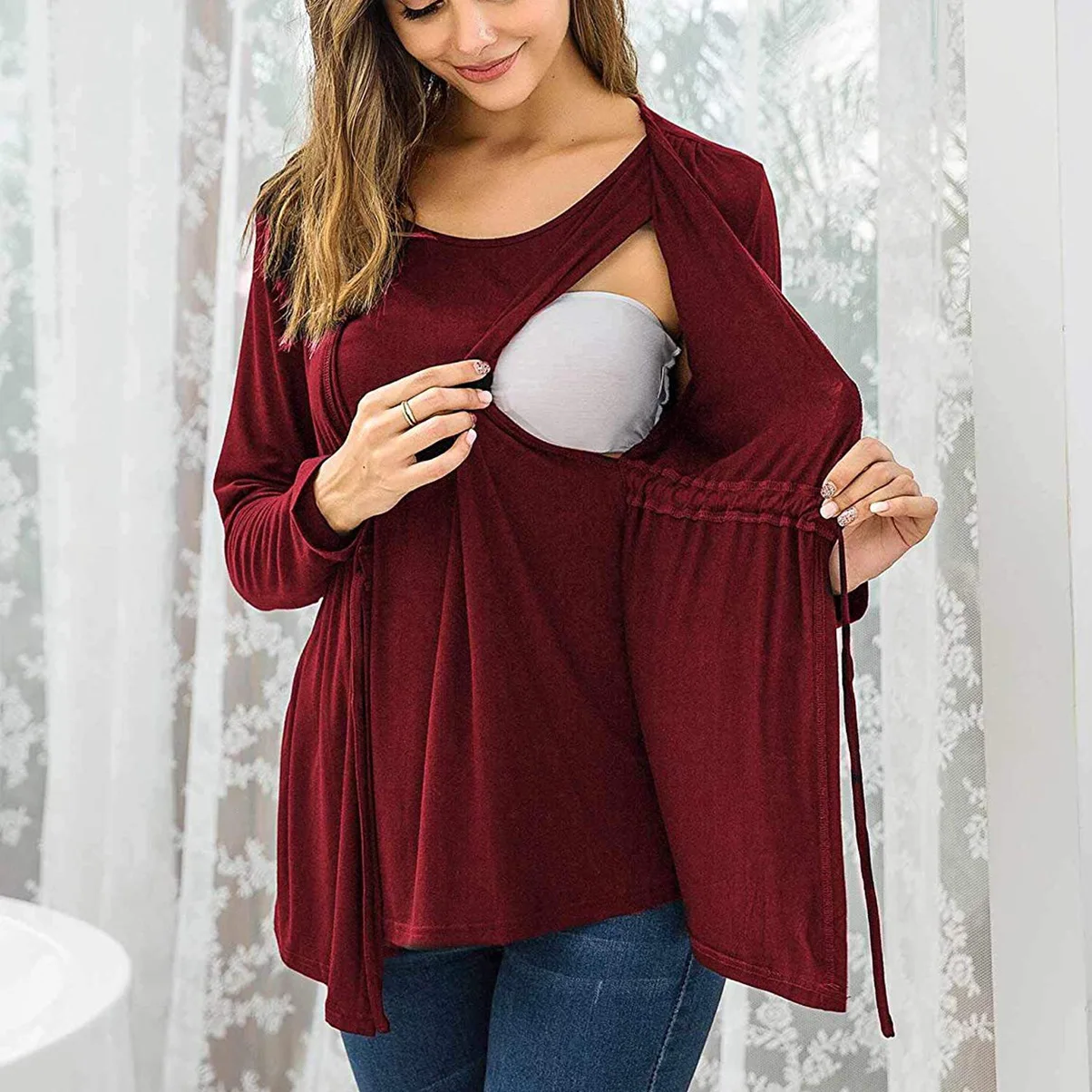 Maternity Long Sleeve Top for Fall & Winter – Mock Layered Crew Neck with Adjustable Front Tie, Discreet Nursing Access