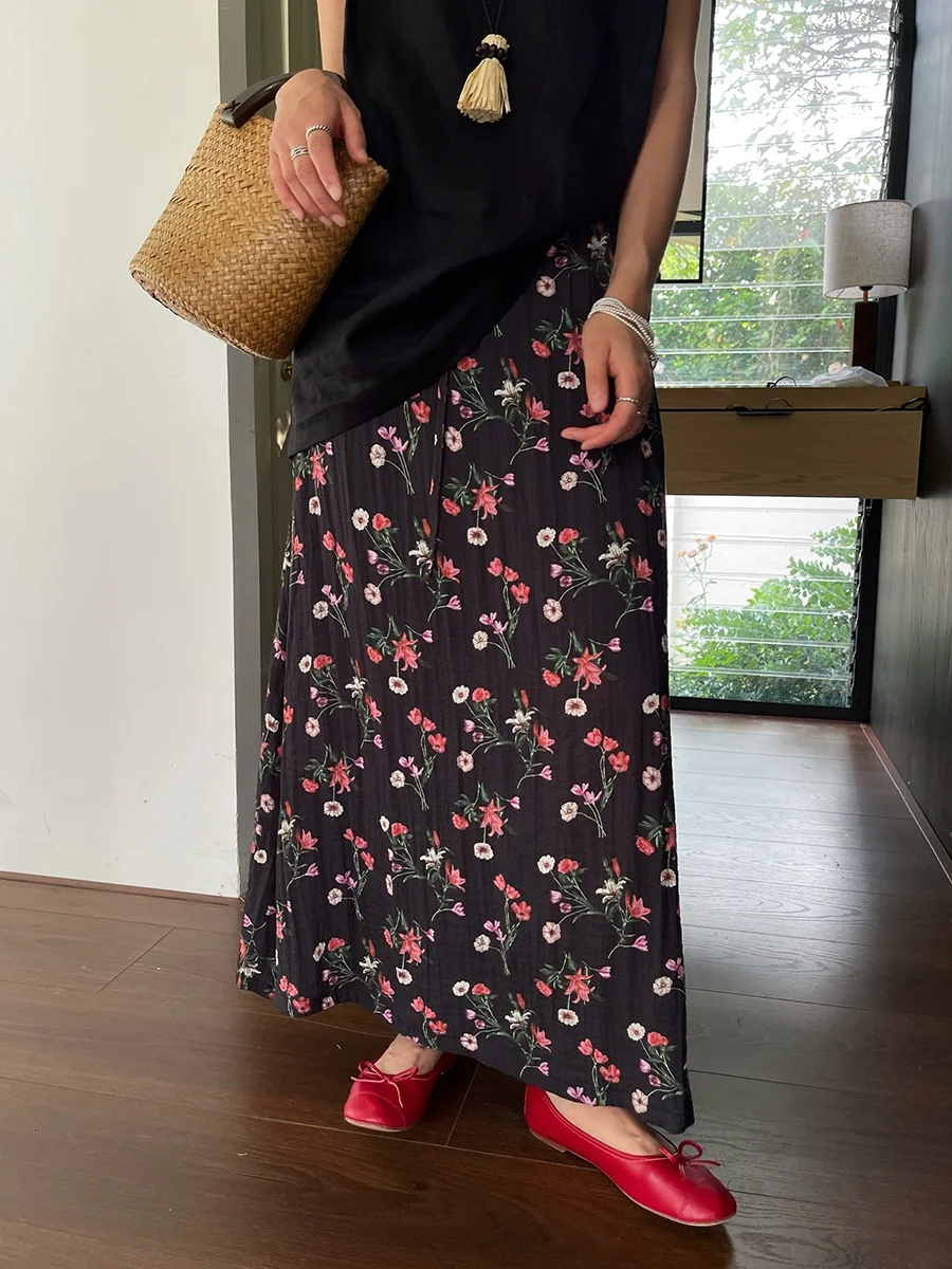 

Юбка-миди в стиле ретро с высокой талией, женская летняя новинка 202, юбка трапециевидной формы с цветочным узором, полиэфирная ткань, собранный дизайн