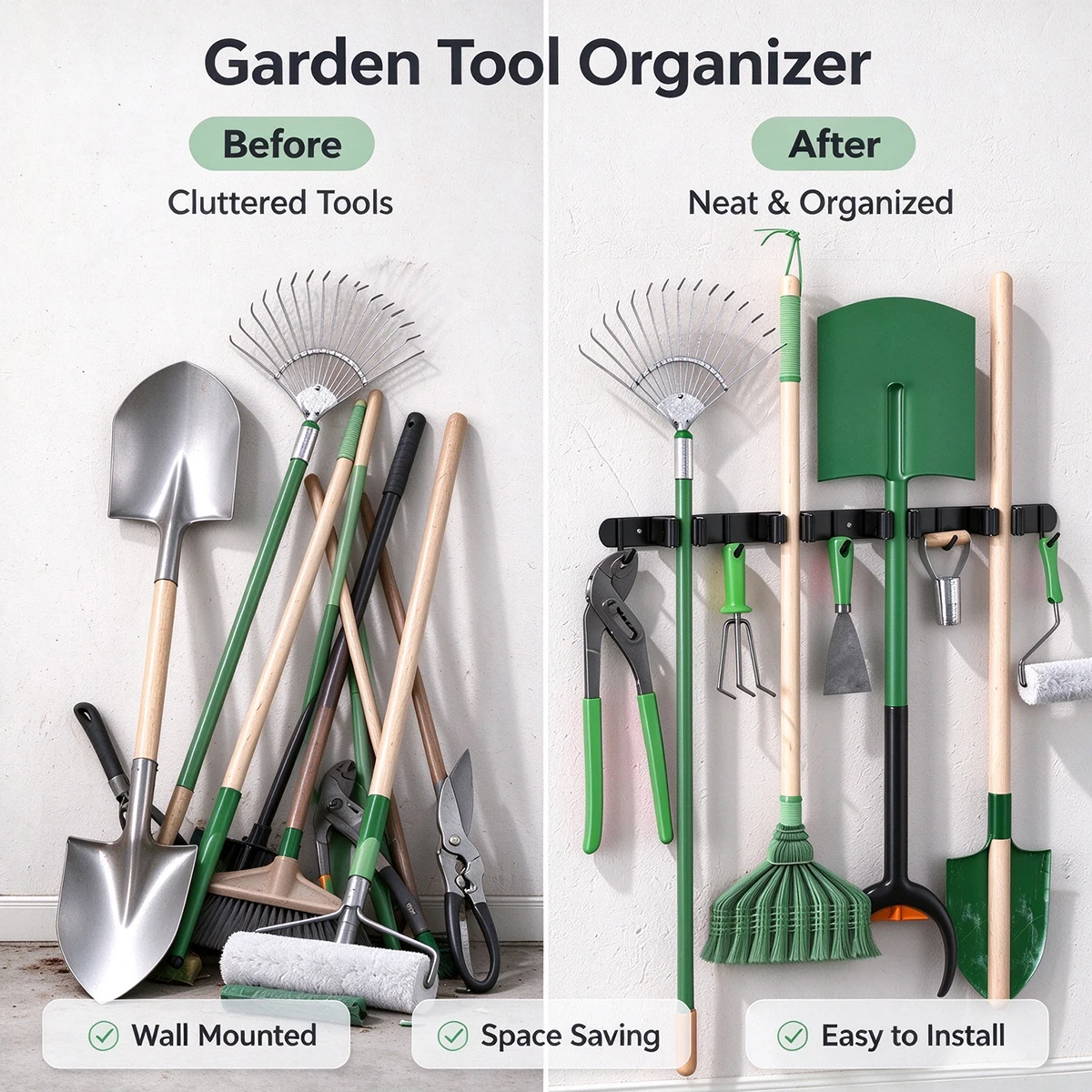 1 Heavy-Duty Metal Tool Rack with 4 Slots and 5 Hooks - Wall-Mounted Garden Tools, Broom, Mop and Garage Equipment