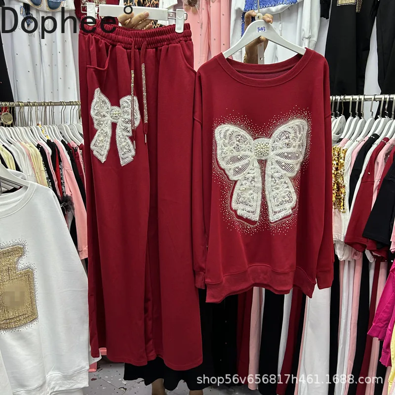 

Новый весенне-осенний женский комплект из двух предметов с вышивкой, бантом, бусинами и бриллиантами, толстовка с длинными рукавами, топ + повседневные прямые брюки с эластичной резинкой на талии