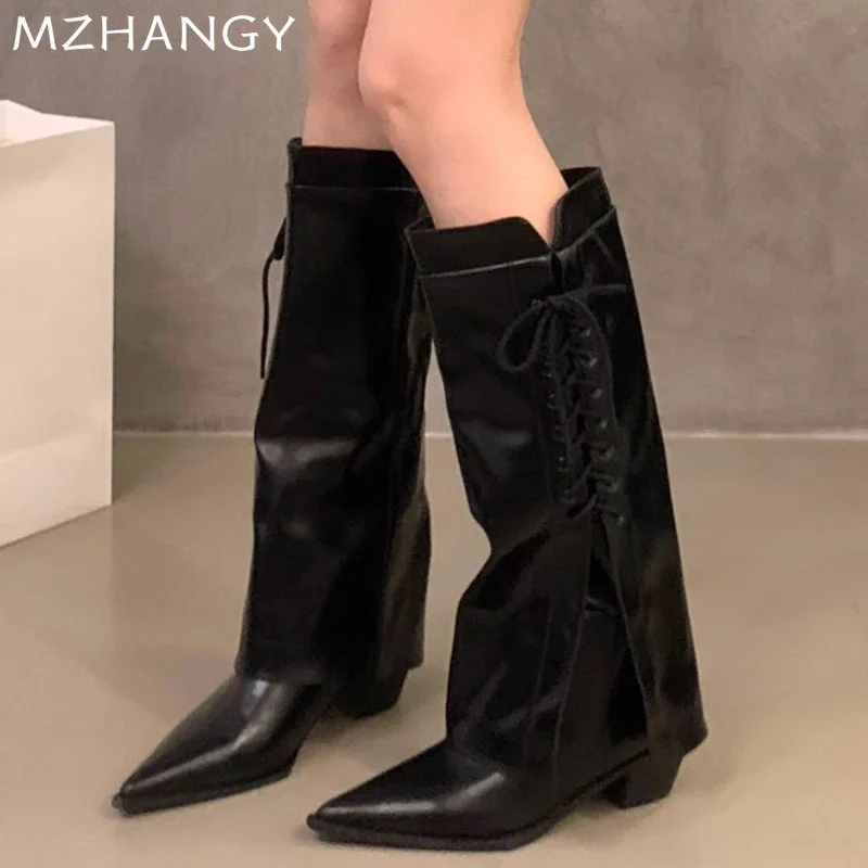 Women Pointed Toe High Boots Heels Shoes Winter Designer Leather Shoes Women 2024 Trend Snow Boots Elegant Mujer Chelsea Botas