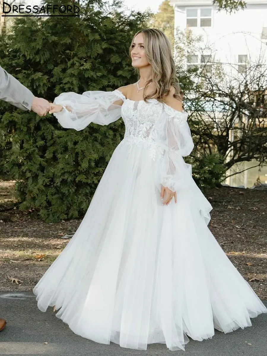 Vestidos de novia de línea a con apliques de manga larga, hombros descubiertos, ilusión, vestidos de novia de encaje, nueva llegada