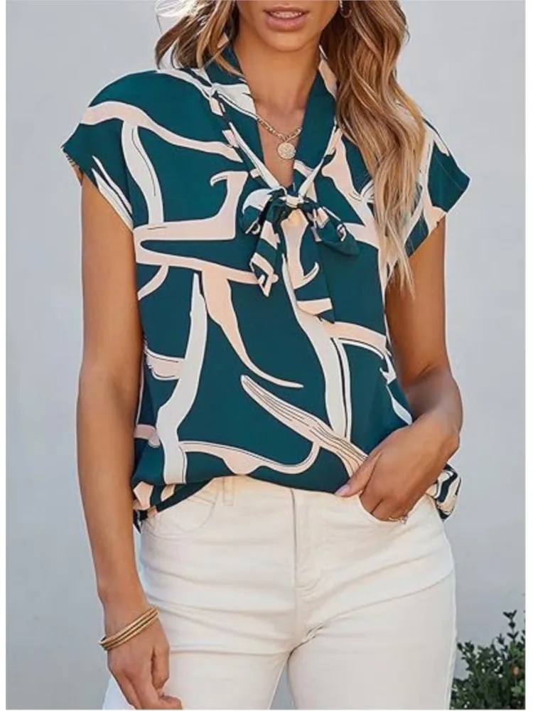 

Fashion Print Shirt Top For Women Casual V Neck Short Sleeve Pullover Shirts Tops Female Elegant Office Womens Clothing Summer
