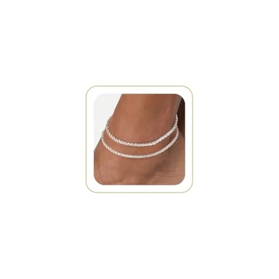 

Sterling Silver Plated Ankle Bracelets for Women, Dainty Layered Waterproof Anklet for Women Adjustable Sparkly Herringbone Bea