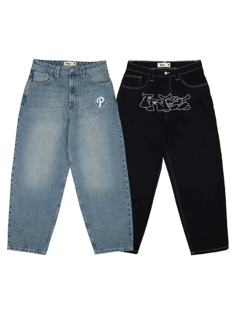 Proteggi i Jeans da strada Y2K pantaloni da uomo Gothic Harajuku Hip-Hop lettera ricamo Retro blu Jeans larghi pantaloni a gamba larga a vita alta