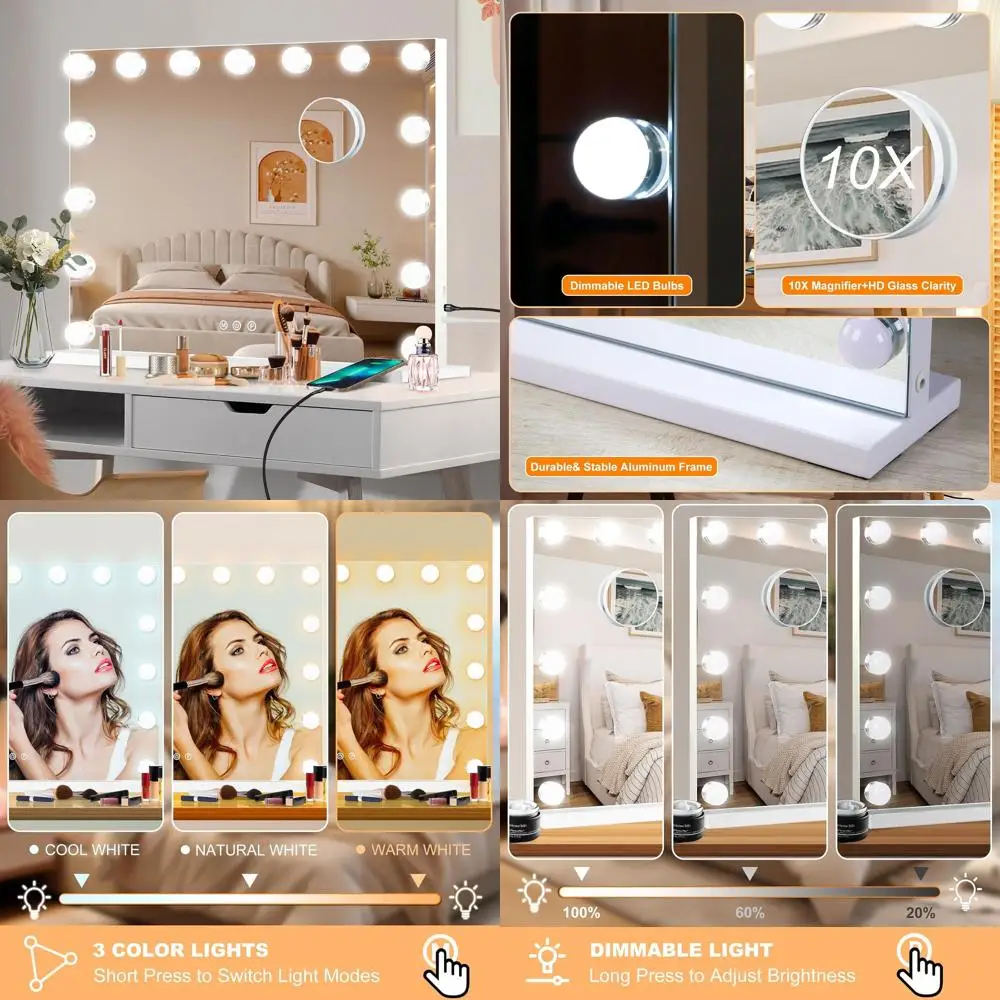 

Illuminated Hollywood Makeup Mirror with 15 LED Bulbs, 10X Magnification, 3 Color Modes, Aluminum Frame for Tabletop or Wall Mou