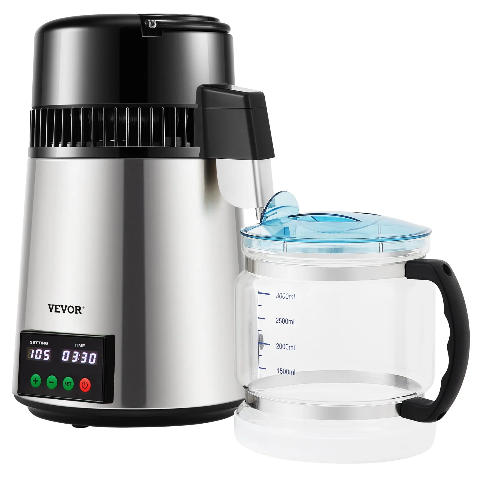 VEVOR 4L Water Distiller 1L/H Distilled Water Maker Timing & Temperature Display Silver Home Appliance Water Purifier Filter