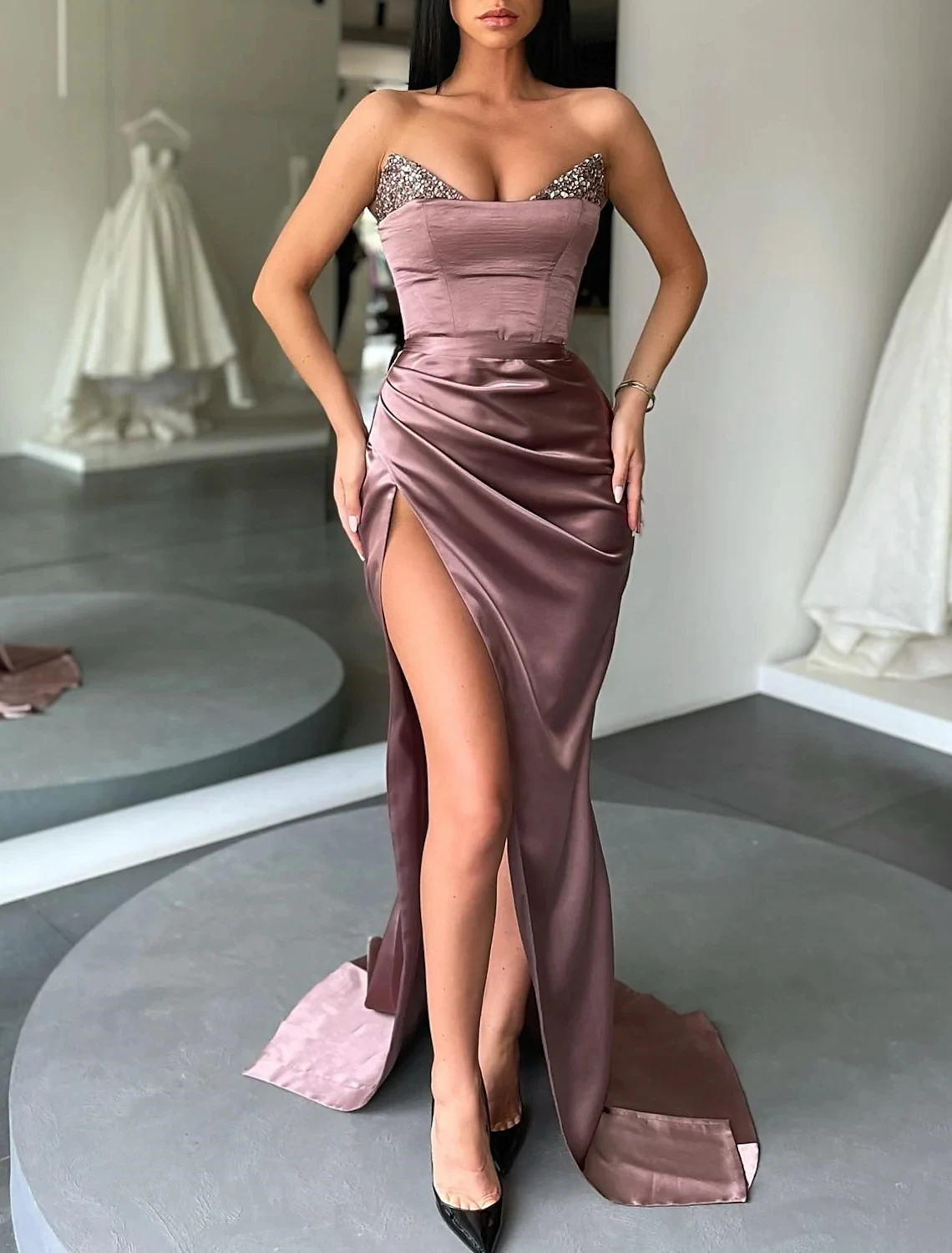 Sexy Trumpet Formal Prom Dress Strapless Top Sequin Satin Slit Long Evening Party Gowns Vestidos Longo Robe De Soiree