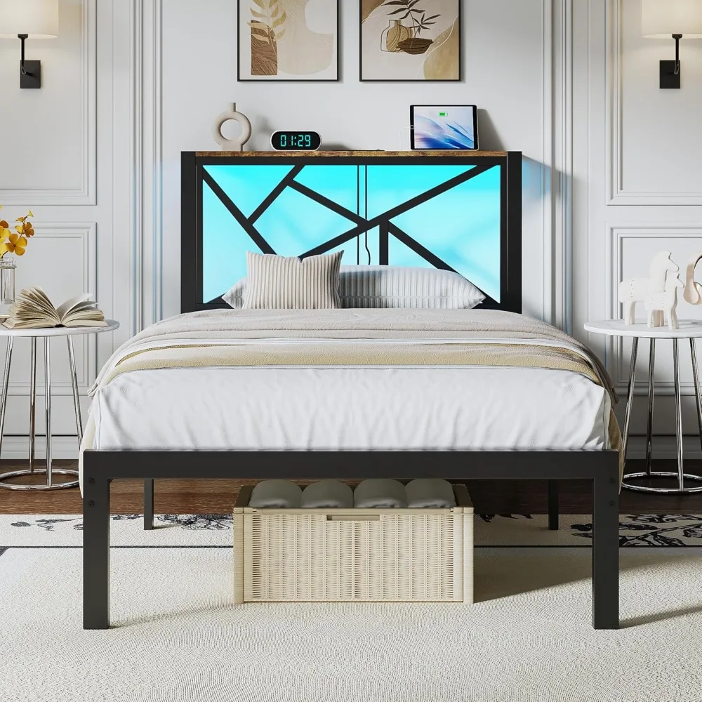 

Twin Size Black Metal Bed Frame with USB Charging Station, LED Ambient Lighting, and Wooden Storage Headboard - Includes Under-B