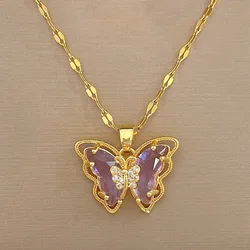 (Titanium Steel) Gorgeous and Stylish Hollow Titanium Steel Butterfly Necklace with Crystal Drop Decoration for Women