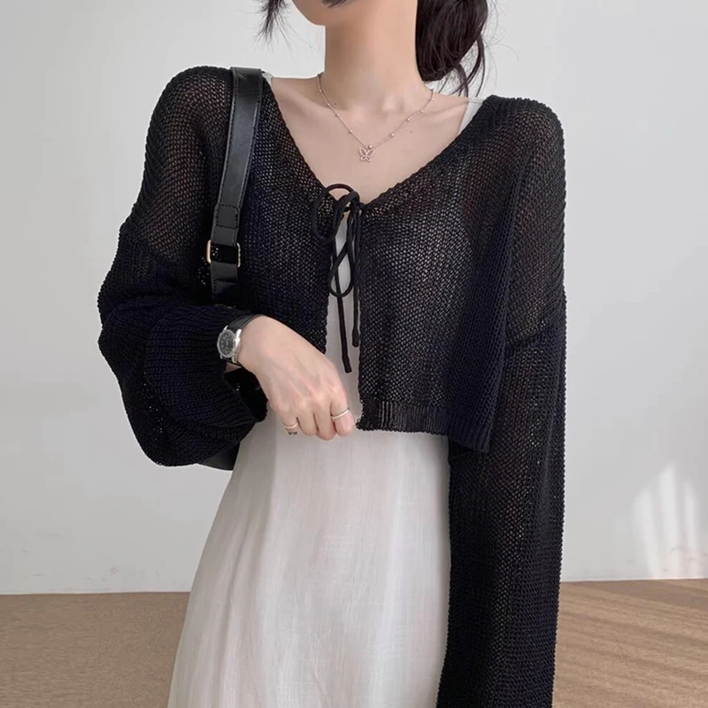 Gagarich Fashion Korean Chic Summer Versatile Temperament V-neck Loose Short Sleeved Hollowed Out Knitted Cardigan Top