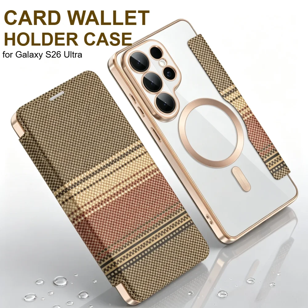 Fashion Kevlar Texture for Magsafe Case for Samsung Galaxy S26 Ultra S25 FE S24 S23 Plus Flip Card Slot Holder Shockproof Cover