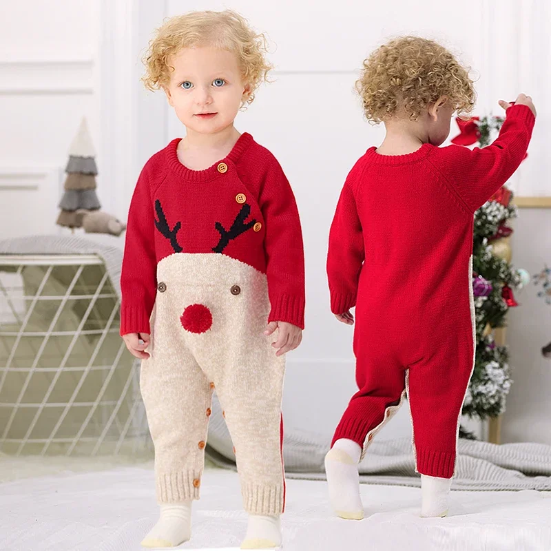 Boy Girl Jumpsuit Outfit Cute Elk Toddler Infant Clothing Knitted Xmas Playsuit Christmas Baby Romper Long Sleeve Winter Newborn