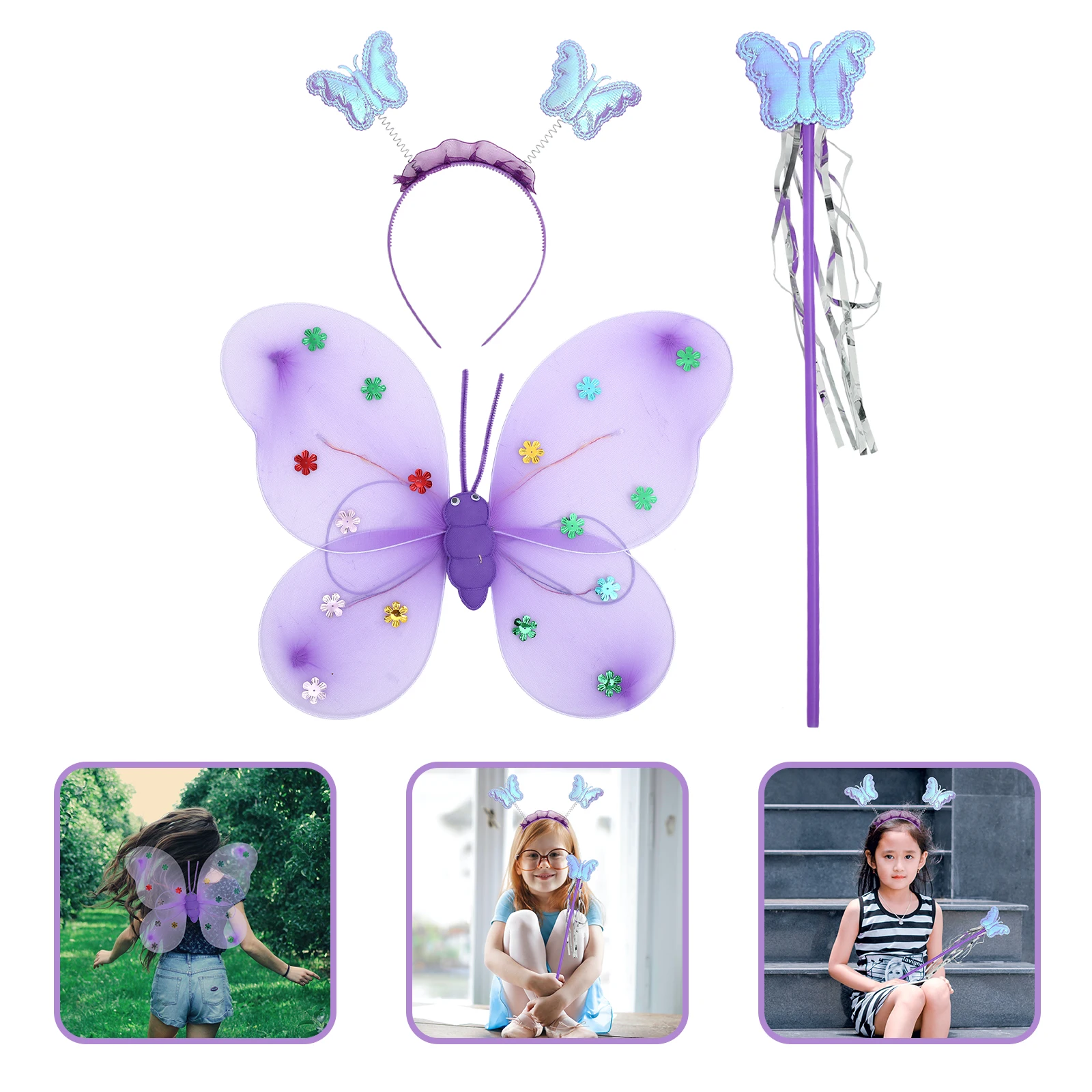 

Sequin Butterfly Wings Costume Kit Clothing Set Little Girl Headband Decor Child