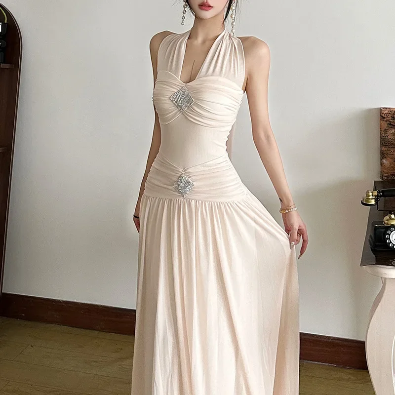 

Women Elegant A-line White V Neck Ruched Folds Sleeveless Chic Night Gown Diamond Slim Long Dresses Solid Maxi Party Club Summer