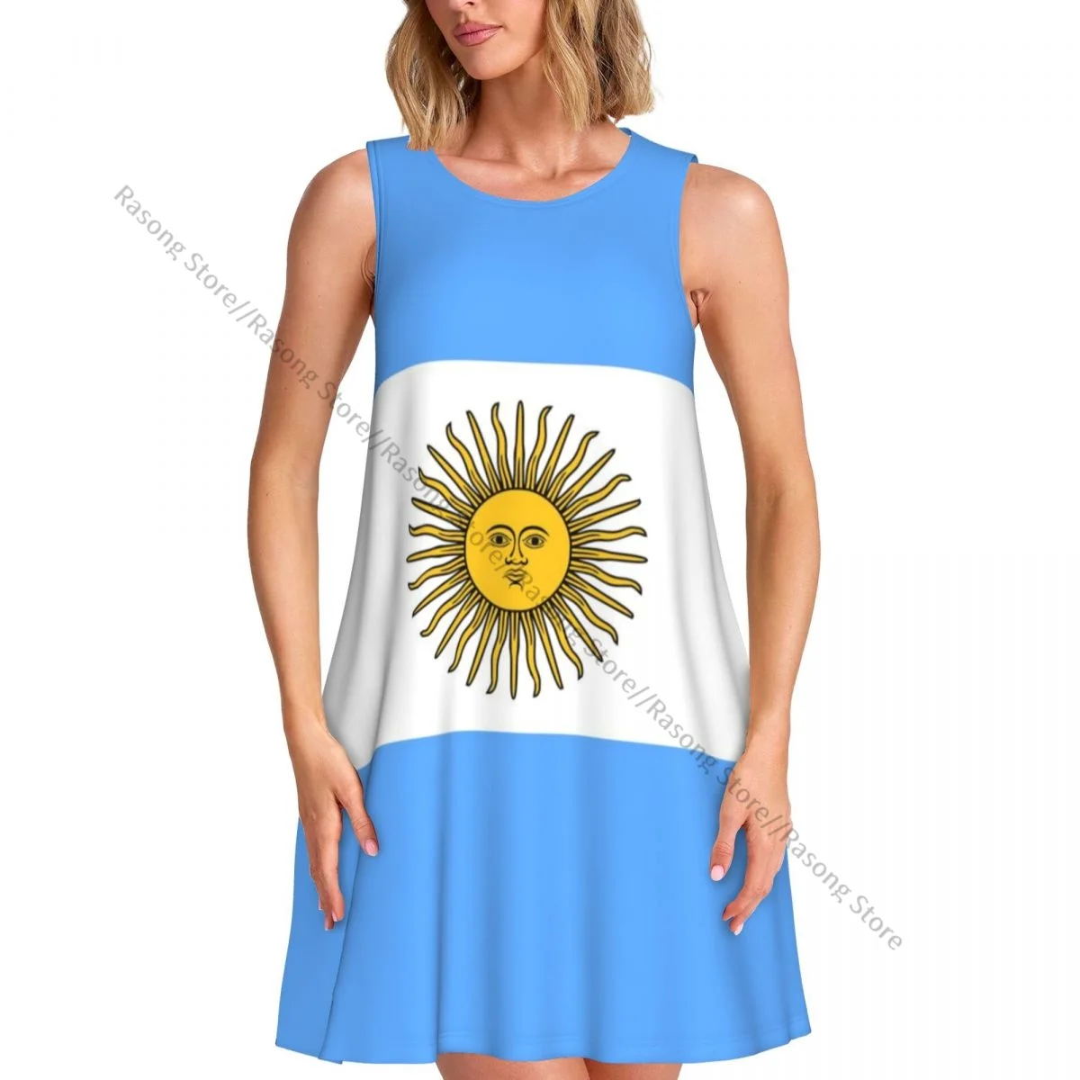 فستان نسائي علم الأرجنتين صيفي كاجوال تي شيرت لتغطية الشاطئ فستان بدون أكمام