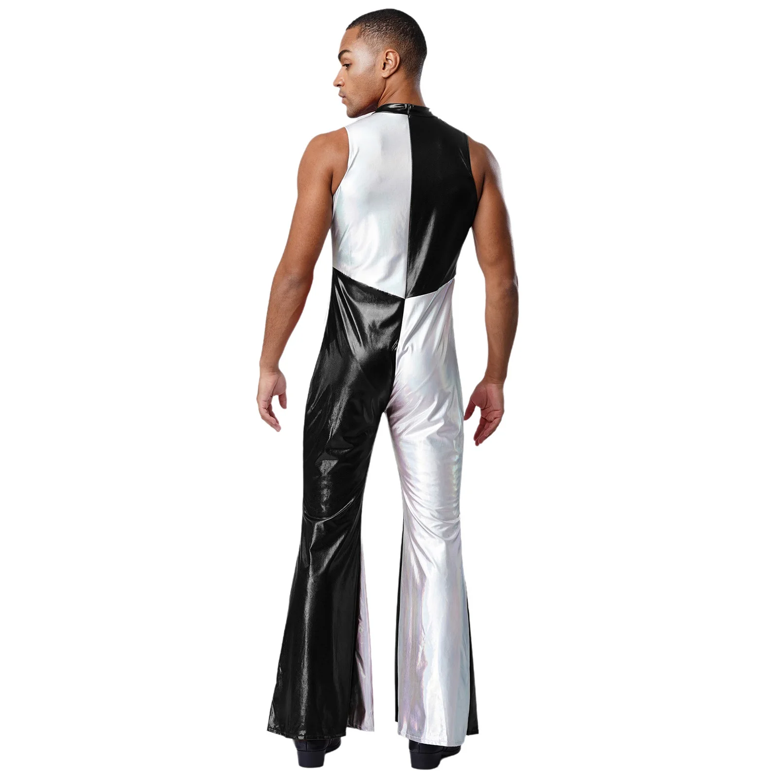 남성용 반짝이는 패션 패치워크 점프수트 빈티지 히피 70년대 디스코 파티 재즈 탱고 클럽 댄스 공연용 바디수트