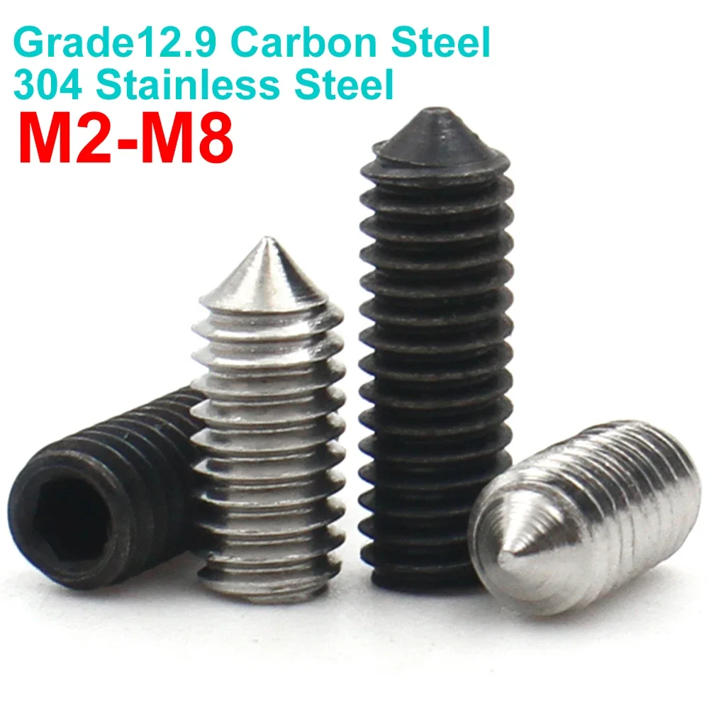 

M2 M2.5 M3 M4 M5 M6 M8 304 Stainless Steel 12.9 Black Steel Hex Hexagon Allen Head Socket Screw Cone Point Grub Set Screws Bolts