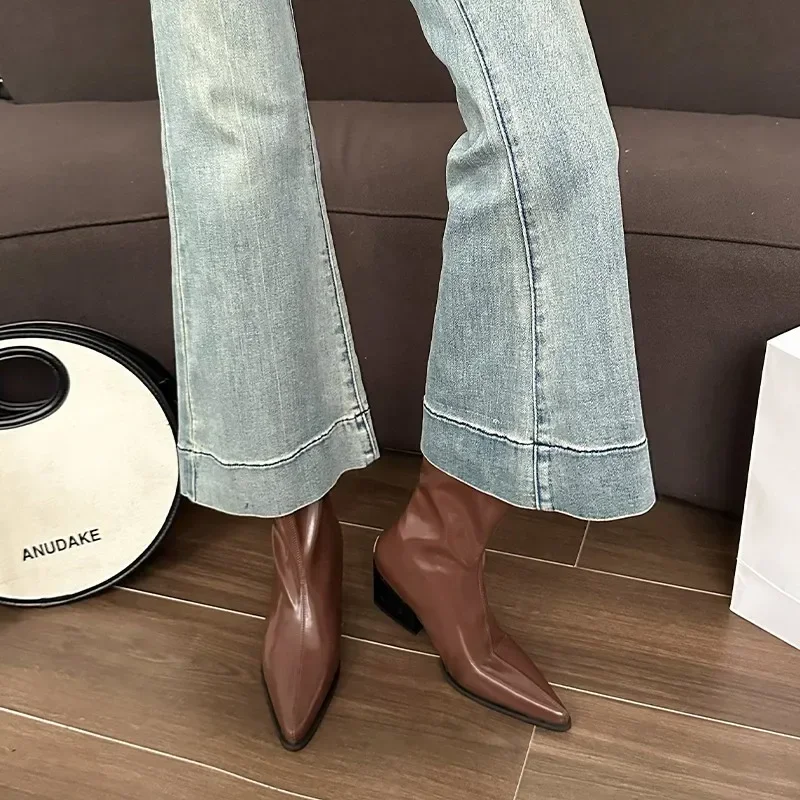 

High Quality Ladies Shoes Back Zip Modern Boots Women Fashion Stiletto Modern Boots Women Sexy Pointed Toe Mid-Calf Boots New 42