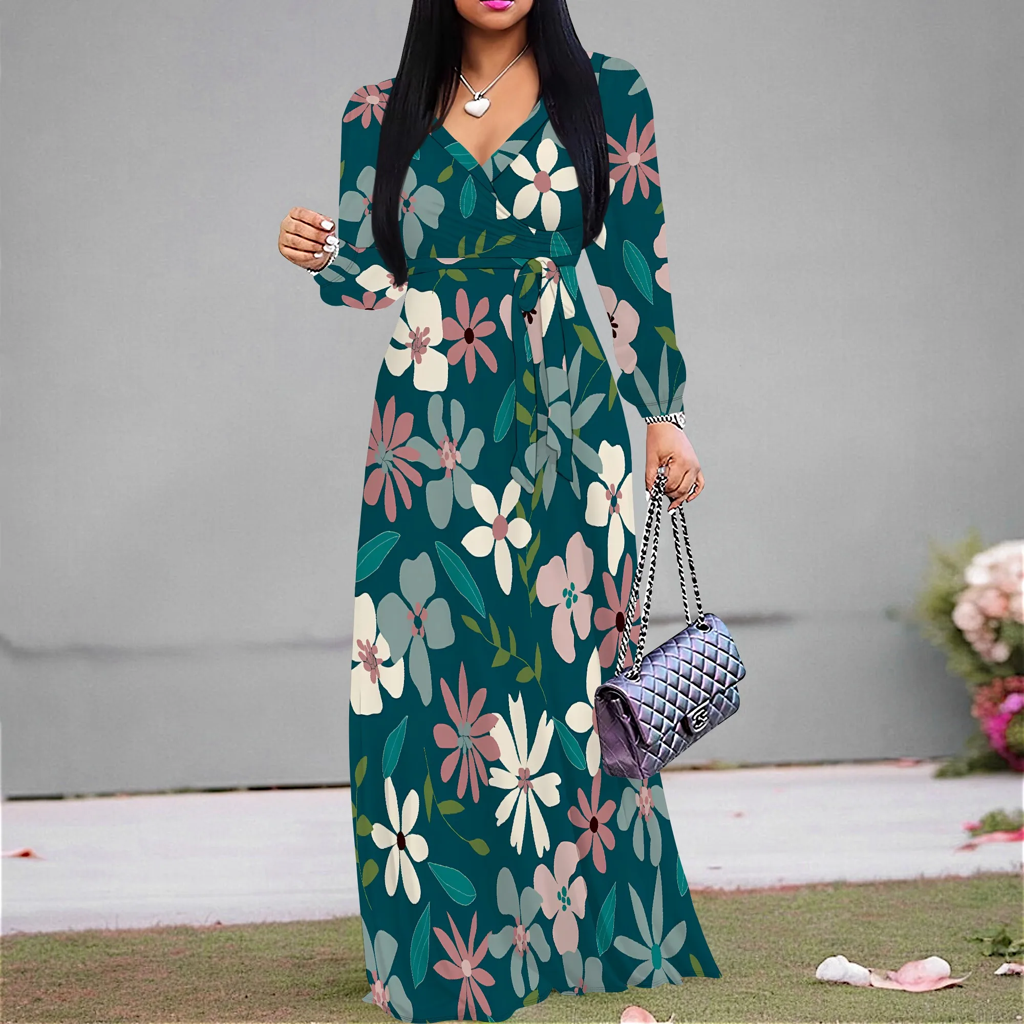 

Nupusa Standard Size Maxi Dress Floral Print V Neck Long Sleeve Belted Dress