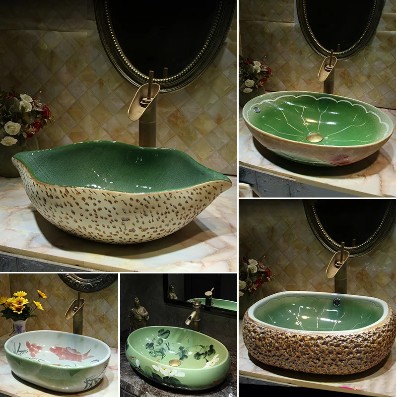 Керамическая раковина в стиле ретро с изображением листьев, новая китайская антикварная раковина специальной формы, умывальник для балкона