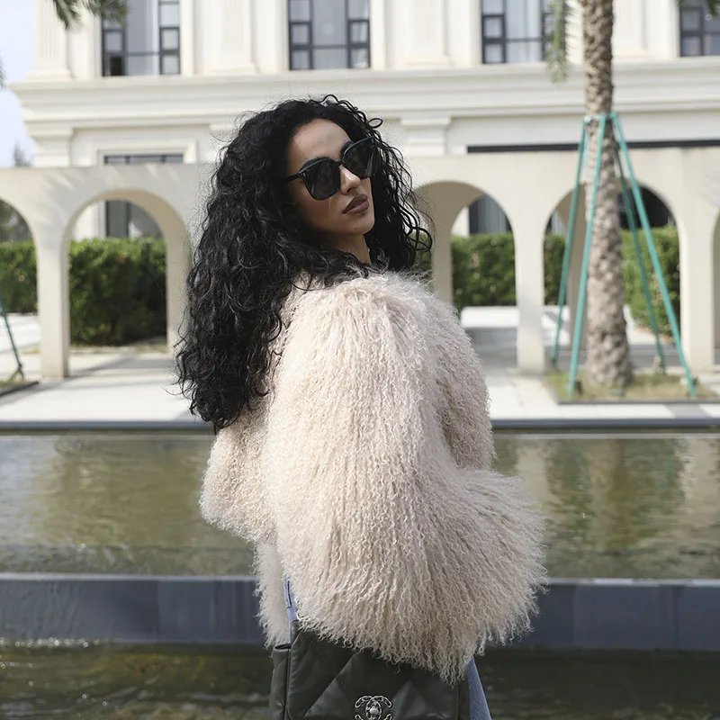 Mongolian Fur Coats Fur Jacket Women Elegant Beige Fluffy Solid Thicken Warm Long Sleeves Coats Short Winter Real Sheep Fur