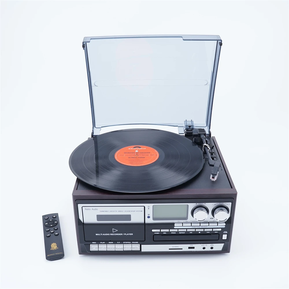 All In One Wooden Turntable Player Vintage USB CD Cassette Play Phonograph Vinyl Record Player AM FM Radio