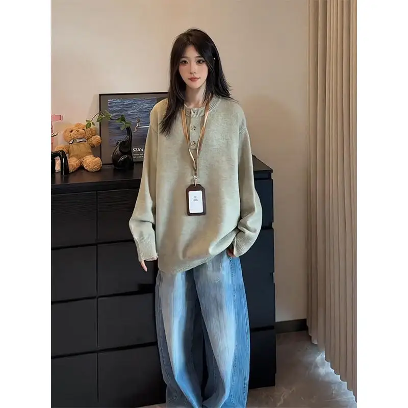 

Retro American Sle Henry Collar Knitted Sweater Men Women Early Autumn Lazy High Level Beautiful Inner Wear Base irt