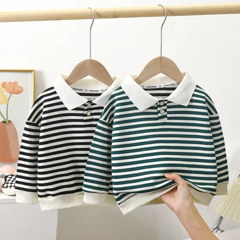 Camisas polo de algodão listrado infantil, gola virada para baixo, moletom solto de manga longa, camiseta para criança, bebê, outono