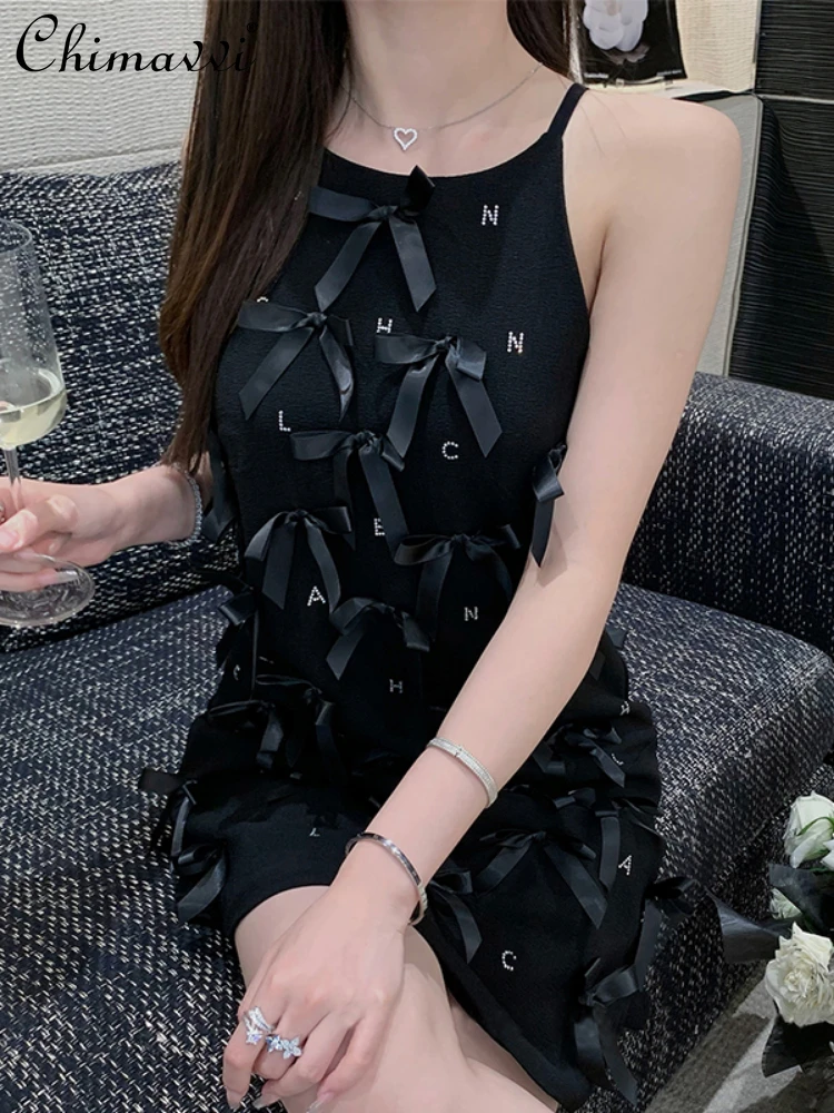 

French Style 3D Bow Beaded Letter Printed Round Neck Sleeveless High Waist Slim Fit A- Line Sling Mini Evening Dress Women 2024