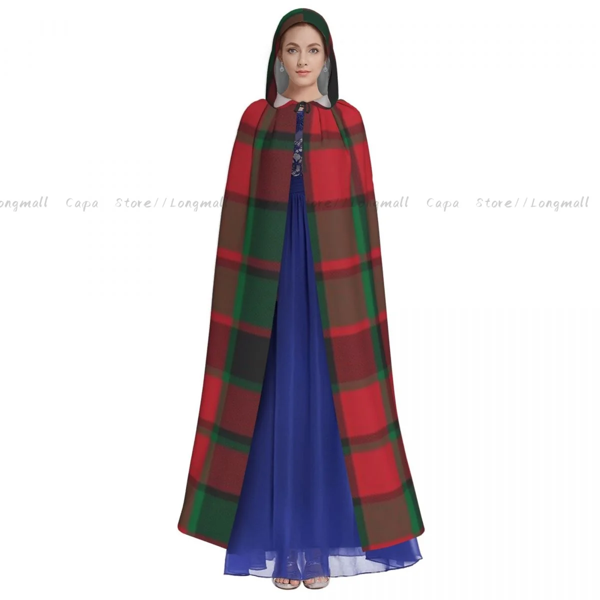 Plaid Checkered Tartan Christmas Print Hooded Cloak Coat Halloween Cosplay Costume Vampire Devil Wizard Cape Gown Party