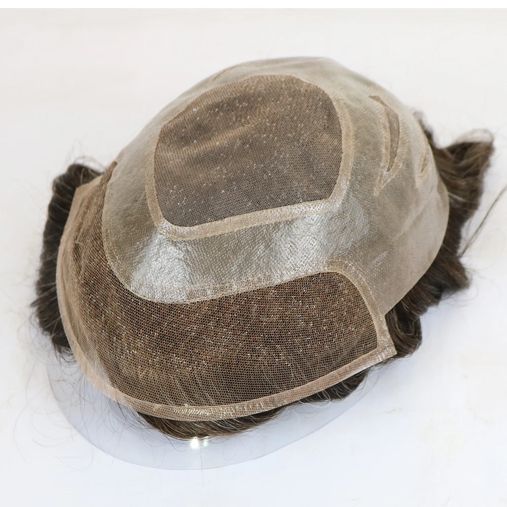 شعر بشري غير قابل للاكتشاف من الدانتيل الفرنسي المسامي من مادة البولي يوريثان الآسيوية بنسبة 100% # 340 عقدة شعر مستعار للرجال من أشقر رمادي داكن وبني داكن #2