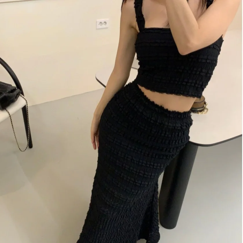 

2025 Summer New Wood ain Ruffle ort Vest Top Women's f Body Skirt Two-Piece Set Faionable Casual Wear