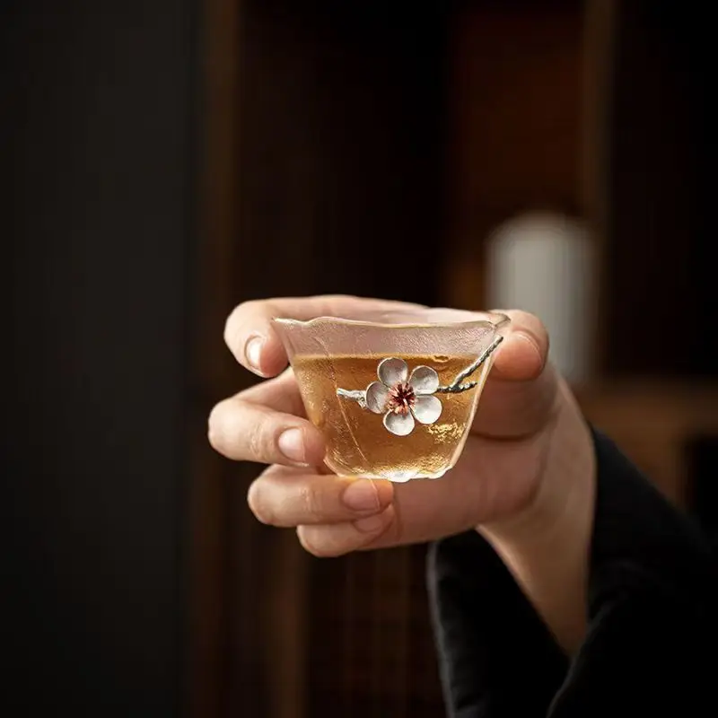 Heat Resistant Tea Cup with Coaster Tin Plum Flower Tea CupTransparent TeaCup, Small Tea Bowl, Japanese Style Master Cup