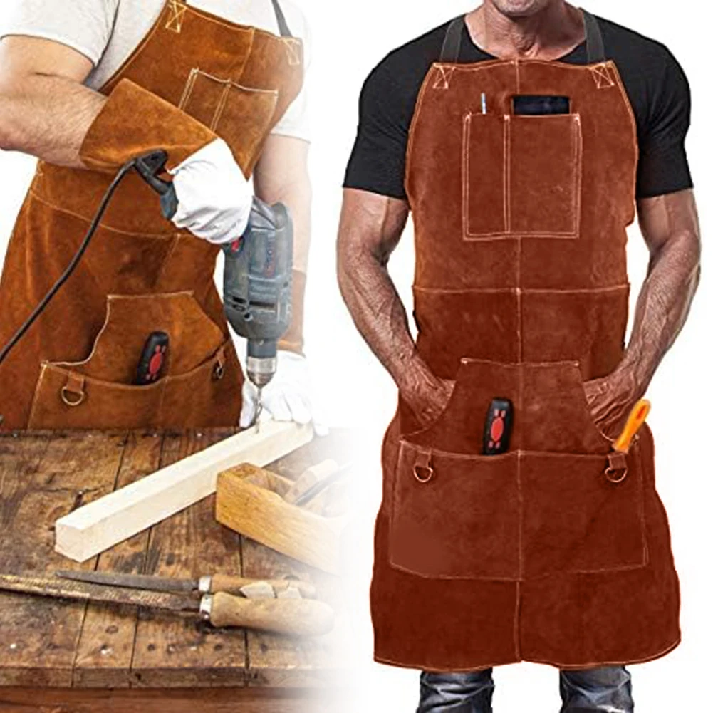 Cowhide Leather Heavy Duty Apron Leather Work Apron Maximum Protection Tool Storage Cross-back System Chest To Knees Coverage